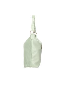 Borsa a mano verde menta con lato in mesh testurizzato e pelle ecologica liscia, dotata di manico arricciato e accessori in tono oro.