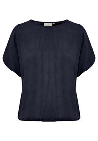 Top bleu marine à manches courtes avec une coupe ample, un col rond et une texture douce et lisse. Présente un léger brillant sans motifs visibles.