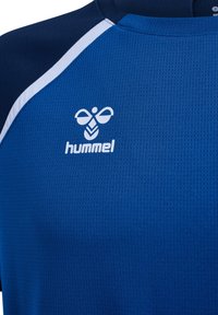 Mėlyna sportinė marškinė, pagaminta iš tekstūruoto audinio, su apvaliu iškirpimu. Savybės: balta logo ir tamsiai mėlyni peties akcentai.