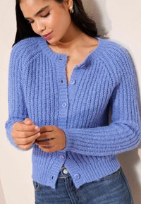 Kootud kardigan pehmest, helesinisest kangast. Omab soonikstruktuuri, ümmargust kaelust ja neli nuppu ees. Lõdva lõikega.