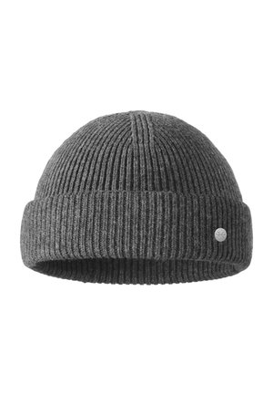 Gray knitted beanie with ribbed texture, featuring a folded cuff and a small metallic logo accent on the side.
