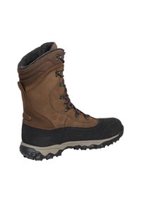 Brauner Outdoor-Stiefel mit einem Obermaterial aus Wildleder, grauem Fleecefutter, Metallösen und einer robusten schwarzen Gummisohle mit einem strukturierten Grip-Muster.