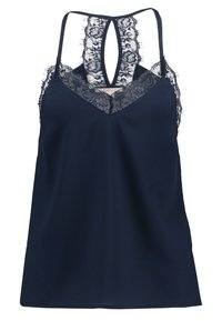 Camisole en satin bleu marine avec des accents en dentelle. Présente un décolleté en V, un dos en forme de clé et de fines bretelles. Texture lisse avec des détails en dentelle florale.