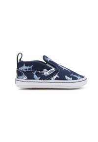 Zapatillas deslizables de color azul marino con estampado de tiburón, material de lona, suela de goma blanca, detalles cosidos y tira en el talón para ponerlas y quitarlas fácilmente.