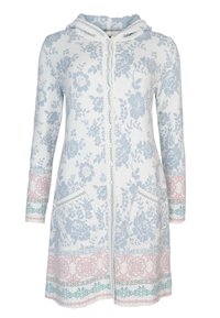 Kapuzenshirt mit floralem Muster in Hellblau und Weiß, ausgestattet mit Knöpfen, Taschen und einem dekorativen Besatz in Pink und Grün.