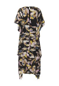 Robe midi à imprimé floral abstrait avec manches à volants superposés et asymétriques et ourlet aux tons noir, jaune, bleu, rose et beige.