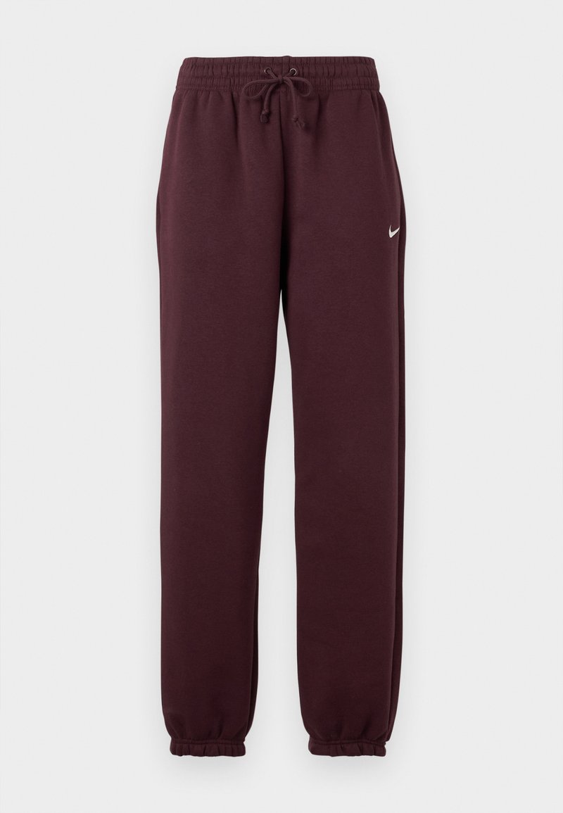 Pantaloni jogger bordeaux con vita elasticizzata e coulisse regolabile. Presentano polsini a coste e un piccolo logo bianco sul lato sinistro.