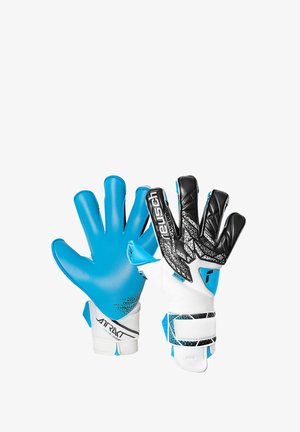 Keepershandschoenen in blauw en zwart, met een getextureerde grip palm, elastische bandage en een veilige riem voor polsondersteuning.