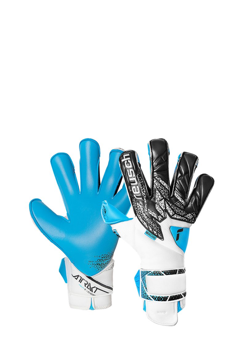 Gants de gardien de but en bleu et noir, avec une paume en grip texturé, un bandage élastique et une sangle de sécurité pour le soutien du poignet.
