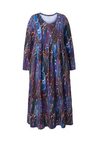 Abito svasato in blu, nero e rosso con un motivo; presenta maniche lunghe, scollatura a barca e una texture fluida con un design astratto simile a onde.