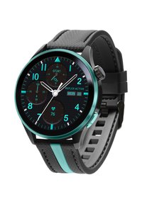 Zwarte smartwatch met een ronde wijzerplaat, turkse accentkleuren, een gestructureerde zwarte dial, meerdere sub-dials en een grijze siliconen band met strepen.