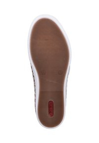 Semelle de chaussure en caoutchouc avec une texture alternant entre lisse et nervurée, de couleur marron avec des bords blancs, présentant une empreinte de logo rouge et une indication de taille 37.