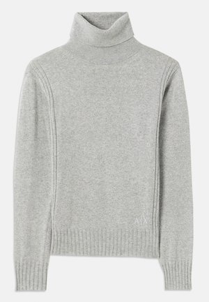 Hellgrauer Rollkragenpullover aus weichem Material. Hat gerippte Ärmelbündchen und Saum sowie ein dezentes Logo unten rechts.