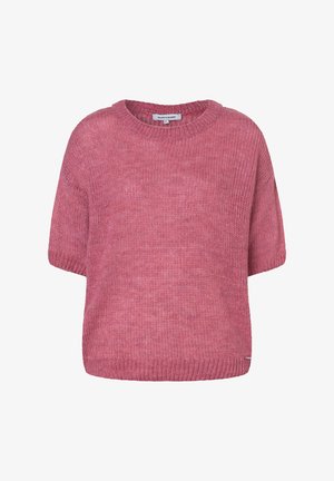 Pull en tricot à manches courtes, décontracté, de couleur rose poussiéreux, avec un col rond et un ourlet et des poignets côtelés.