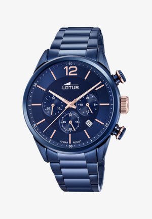 Reloj cronógrafo de acero inoxidable azul con un dial texturizado, acentos en oro rosa, tres subdiales y una pantalla de fecha en la posición de las 6 en punto.