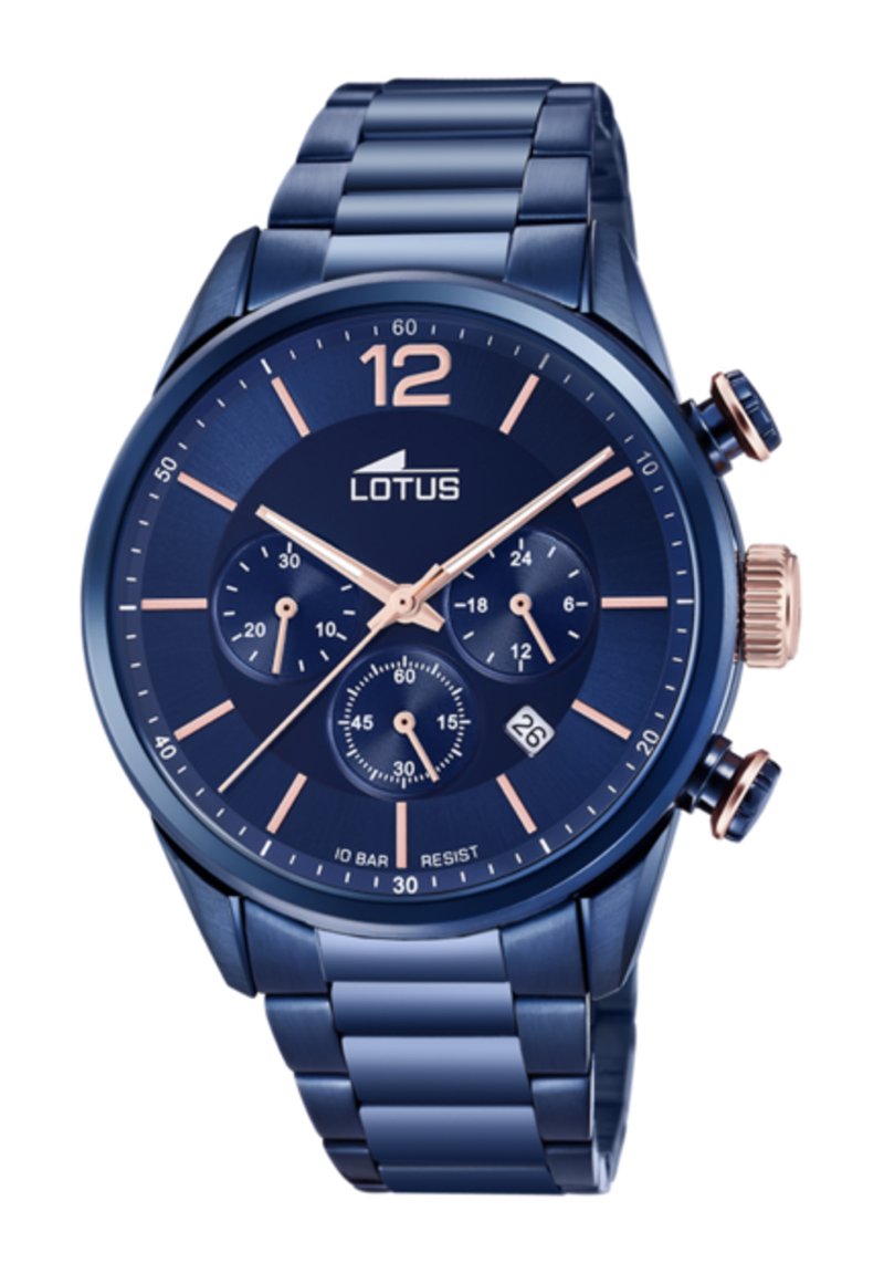 Orologio cronografo in acciaio inossidabile blu con quadrante testurizzato, accenti in oro rosa, tre sottodial e visualizzazione della data nella posizione delle 6.