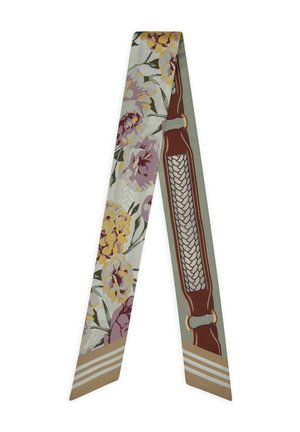 Écharpe fine avec des motifs floraux jaunes et violets d’un côté et un design de lanière en cuir tressé marron de l’autre, avec des extrémités beige rayées.
