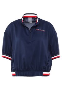 Marineblå pulloverjakke med korte ærmer, halv-zip krave, røde og hvide stribede detaljer på ærmerne og kraven, elastisk talje, logo på brystet.