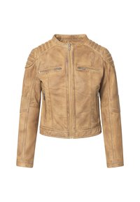 Brun läderjacka med krage, frontdragkedja, två bröstfickor och texturerade axelaccenter. Har en figursydd passform och en slät yta.