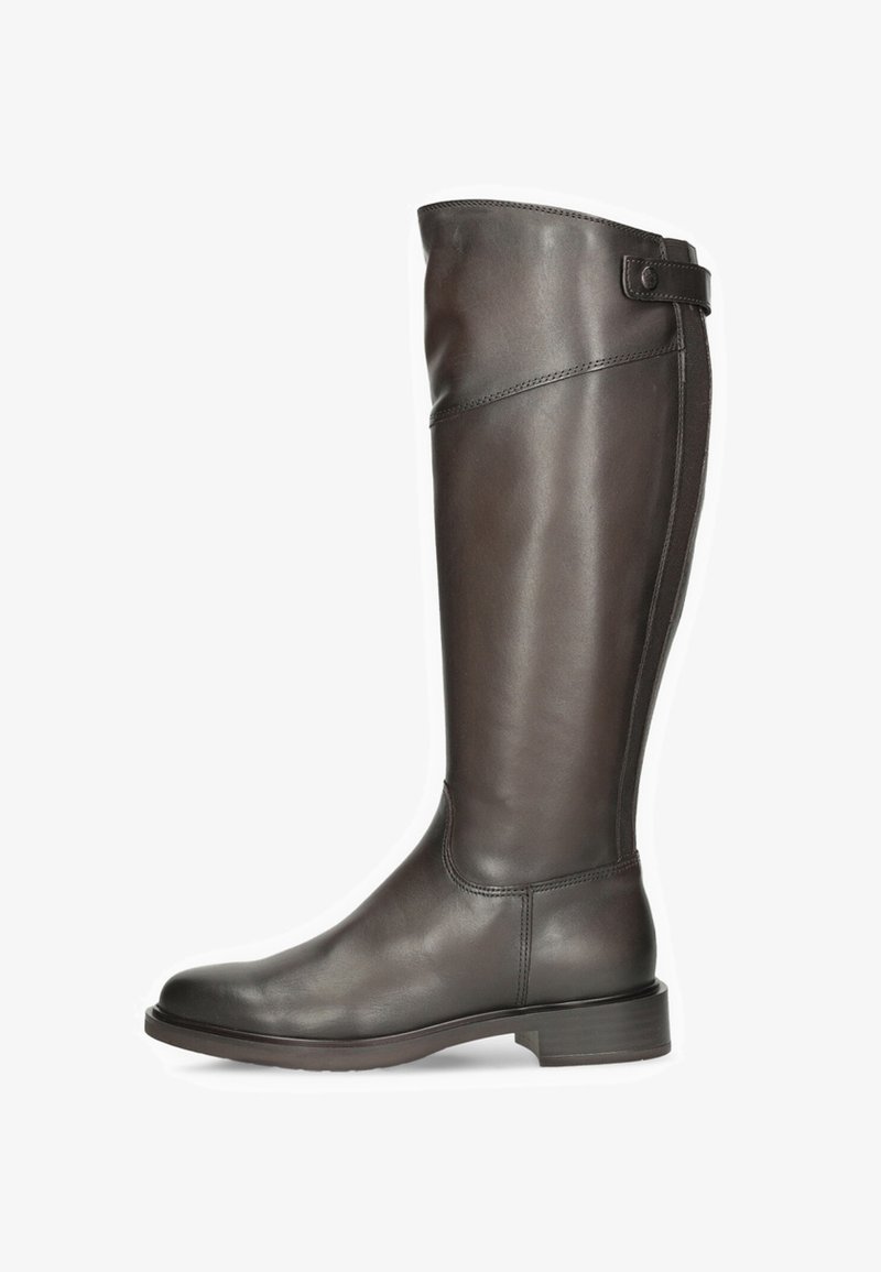 Botte d'équitation haute en cuir noir avec talon bas, bride latérale et couture décorative le long de la tige et de la cheville.