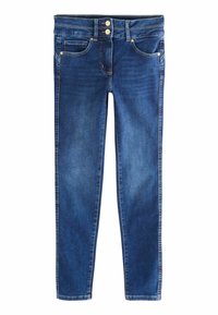 Tamsiai mėlynos džinsinės skinny kelnės su penkiomis kišenėmis, turinčios dviejų mygtukų užsegimą ir subtilią išblukimą. Siuvinėtos siūlės palei kojas.