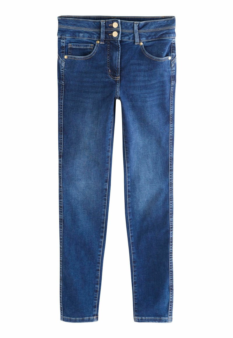 Tamsiai mėlynos džinsinės skinny kelnės su penkiomis kišenėmis, turinčios dviejų mygtukų užsegimą ir subtilią išblukimą. Siuvinėtos siūlės palei kojas.