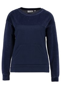 Mörkblå sweatshirt med mjuk textur, rund halsringning, långärmad och med en framficka i kangurutyp. Har en diskret logotypdetalj.