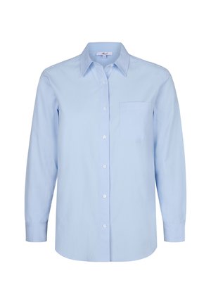 Lichtblauw overhemd met lange mouwen en knopen, gemaakt van glad stof, met een klassieke kraag en een klein borstzakje aan de linkerkant.