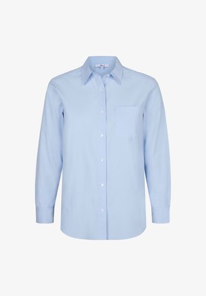 Lichtblauw overhemd met lange mouwen en knopen, gemaakt van glad stof, met een klassieke kraag en een klein borstzakje aan de linkerkant.