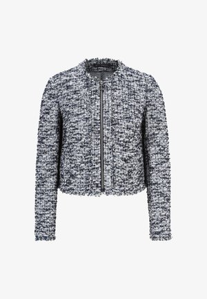 Taillierte Jacke aus strukturiertem Stoff in Marineblau und Weiß, mit Reißverschluss, Rundhalsausschnitt und Fransen an den Nähten.