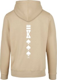 Beige Kapuzen-Sweatshirt mit einem großen weißen Grafikdesign auf der Rückseite, das eine Krone, den Buchstaben "K" und Pik-Symbole zeigt. Hergestellt aus Baumwollmischung.