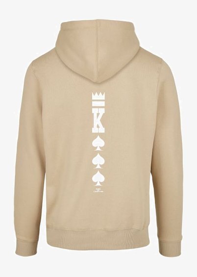 Felpa con cappuccio beige caratterizzata da una grande grafica bianca sulla schiena con una corona, la lettera "K" e simboli di picche. Materiale in cotone misto.