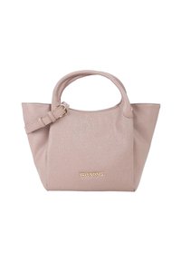Borsa a mano in pelle rosa con superficie strutturata, dotata di manico superiore e tracolla regolabile. Logo dorato ben visibile.