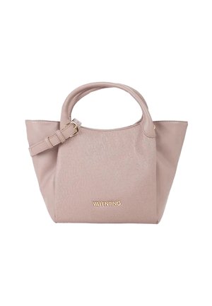 Borsa a mano in pelle rosa con superficie strutturata, dotata di manico superiore e tracolla regolabile. Logo dorato ben visibile.