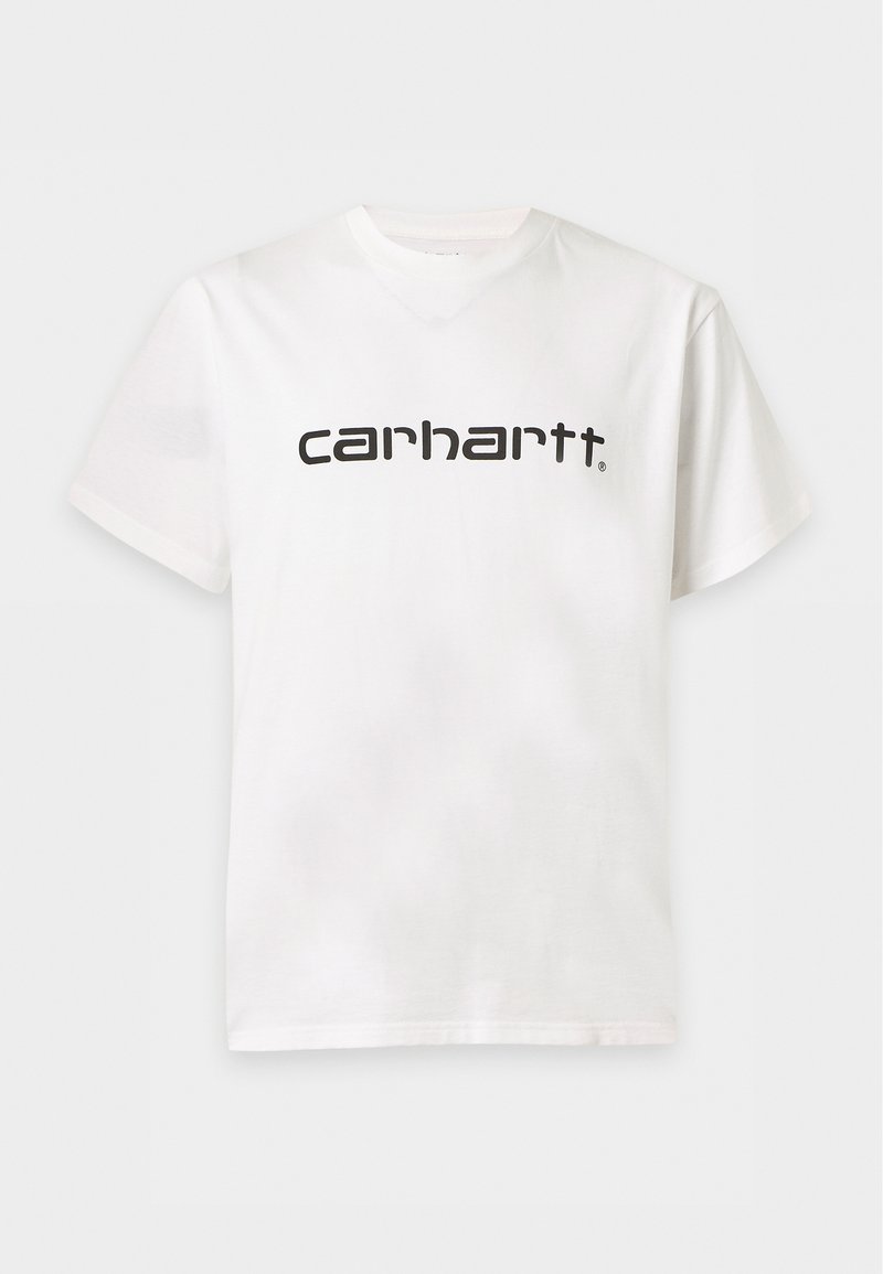 White short-sleeve T-shirt with black "carhartt" logo centered on the chest, displayed against a plain light background.