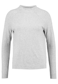 Helle graue Langarm-Pullover mit Rundhalsausschnitt und gerippten Bündchen und Saum, aus weichem Strickstoff.
