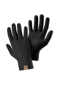 Schwarze Strickhandschuhe mit Rippendesign, taillierter Form und einem Lederetikett mit Logo am Handgelenk. Weiche Textur.