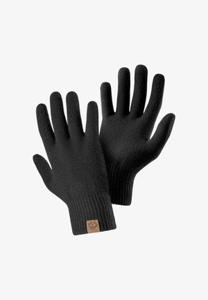 Czarne dziane rękawice z prążkowanym wzorem, dopasowanym kształtem i skórzaną metką z logo na nadgarstku. Miękka tekstura.