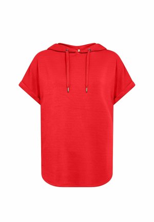Rotes Hoodie mit kurzen Ärmeln, Kordelzügen, hochgekrempelten Bündchen und abgerundetem Saum, vor weißem Hintergrund dargestellt.