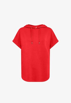 Felpa con cappuccio rossa a maniche corte con coulisse, polsini arrotolati e orlo arrotondato, mostrata su sfondo bianco.