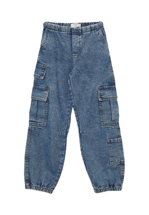 Pantaloni cargo in denim blu con vita elasticizzata, molteplici tasche laterali e orli arricciati. Presentano una texture scolorita e una vestibilità casual.