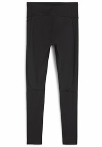 Leggings negros hechos de una tela elástica, con una cinturilla alta, diseño sin costuras y textura suave, sin patrones visibles ni adornos.