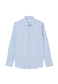 Helle blaue Bluse aus glattem Stoff. Sie hat lange Ärmel, einen spitzen Kragen und eine durchgehende Knopfleiste mit weißen Knöpfen.