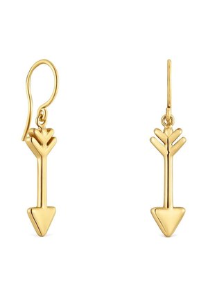 Pendientes de metal de color dorado en forma de flechas con ganchos para orejas perforadas sobre un fondo blanco liso.