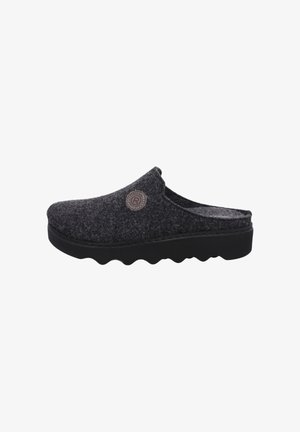 Graue Clogs mit abgerundeter Spitze, verstellbarem Obermaterial und einer schwarzen Gummisohle, die wellenförmige Rillen aufweist. Kleines Logo-Detail an der Seite.