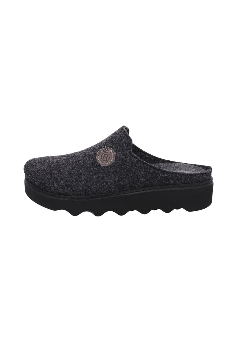 Gray felt clogs with a rounded toe, adjustable upper, and a black rubber sole featuring wave-like grooves. Small logo accent on side.