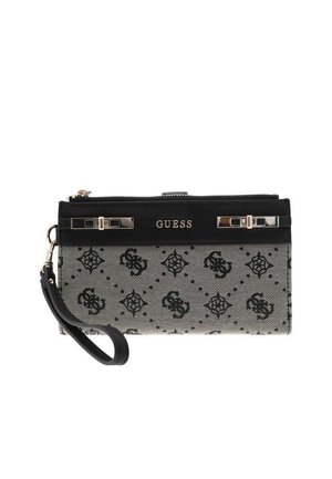Pochette Guess noire et grise avec motif logo à motifs, accents dorés, fermeture éclair et bracelet amovible.