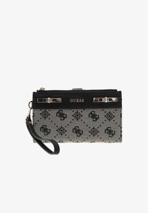 Pochette Guess noire et grise avec motif logo à motifs, accents dorés, fermeture éclair et bracelet amovible.