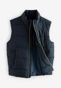 Marineblauwe puffer gilet met een hoge kraag, ritssluiting aan de voorkant en zijzakken. Beschikt over gebreide secties en een gladde binnenvoering.
