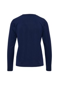 Granatowa koszulka z długim rękawem, wykonana z miękkiego materiału. Posiada prosty okrągły dekolt i gładką teksturę, z dopasowanym krojem i bez zdobień.